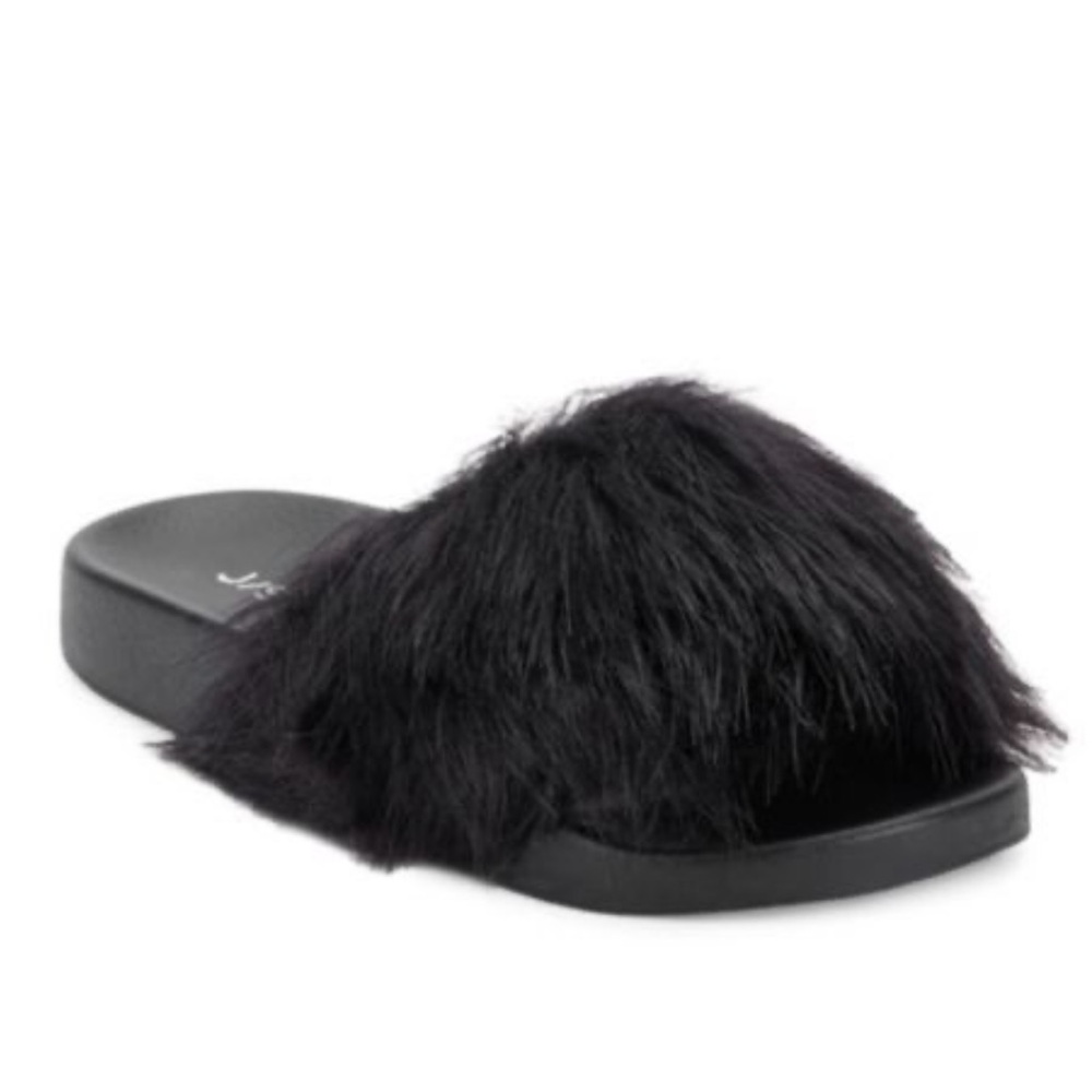 J Slides Faux Fur Slides Slippers in Black